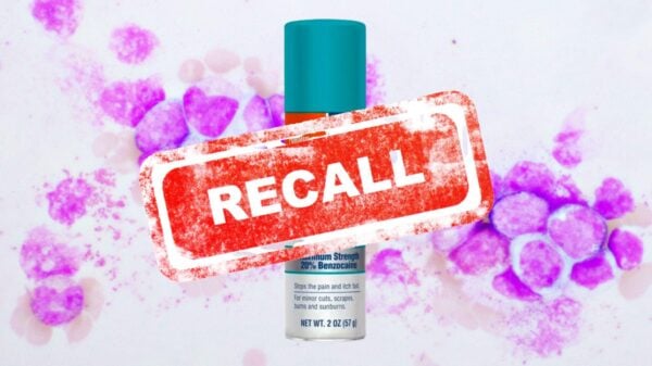 Americaine® 20% Benzocaine Topical Anesthetic Spray overlays leukemia cells and a red RECALL banner