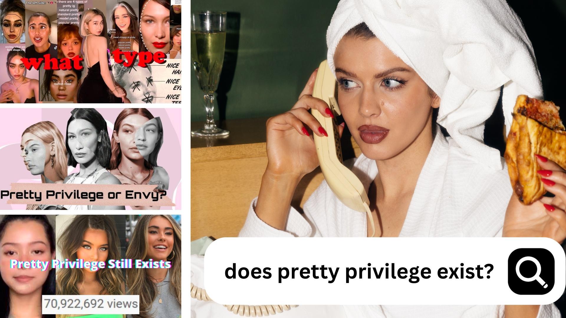 YouTube thumbnails illustrating pretty privilege arguments are shown in a column to the (left) and a model with the search bar query underneath is shown (right).