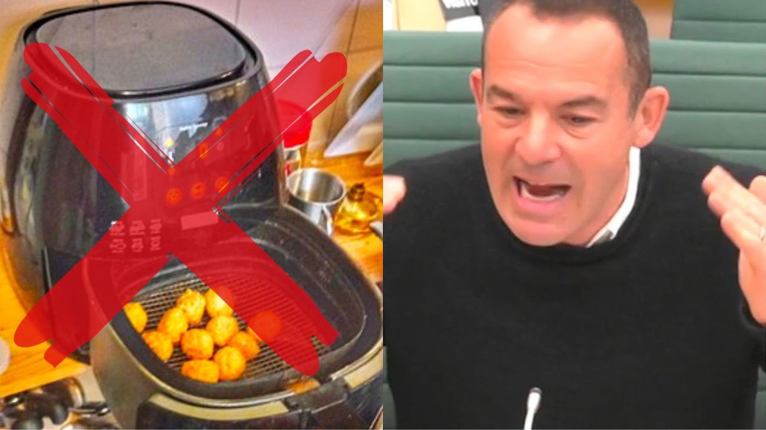 Martin Lewis (shown right) seems to yell next to a photo of an air fryer with tater tots in it (left). The air fryer has a red X on top of it.
