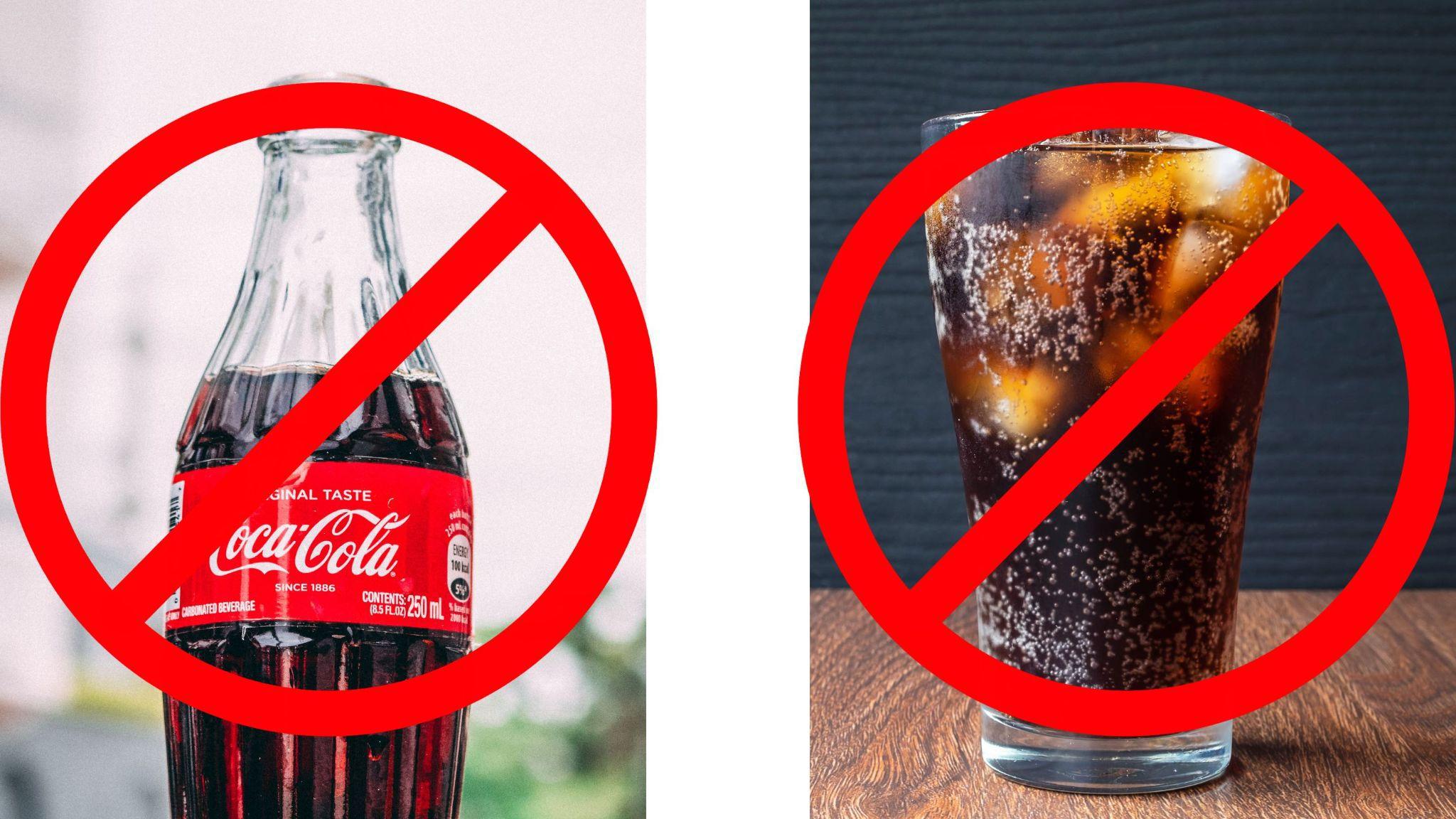 Regular soda (left) is compared to diet (right). Both have “No” signs on them.