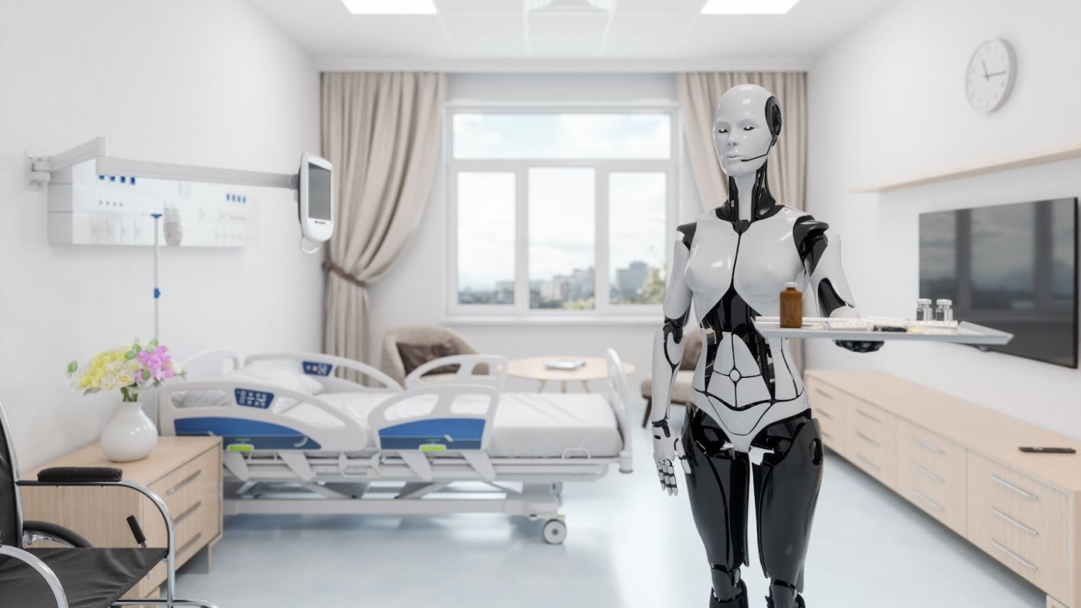 A robotic nurse stands holding a food tray in an empty patient room.
