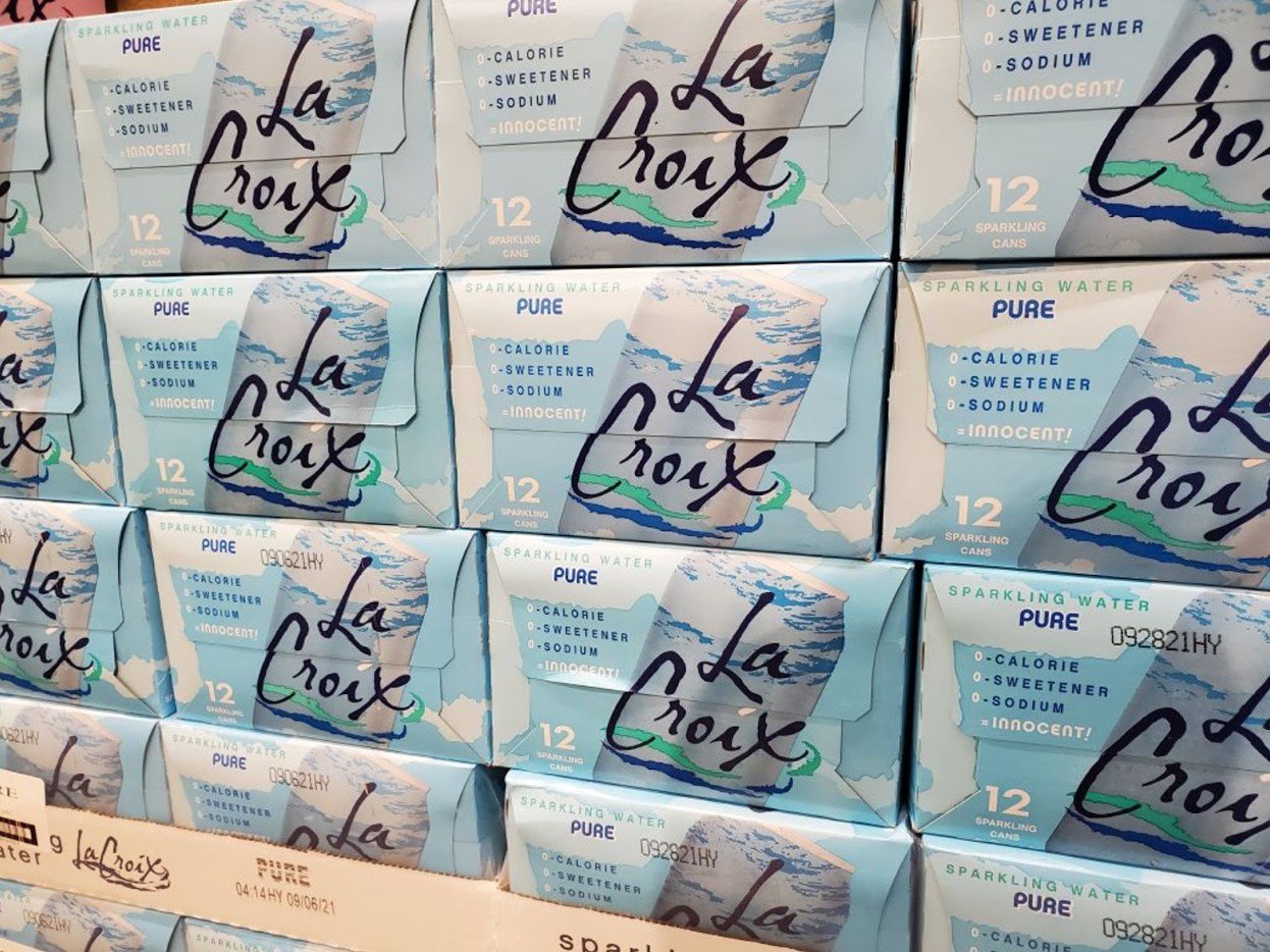 Photograph of a stack of 12-can packs of the La Croix Sparkling Water in Lafayette, California