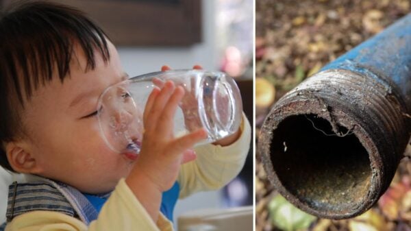 A child drinking a glass of water next to an image of a lead pipe coming from the ground